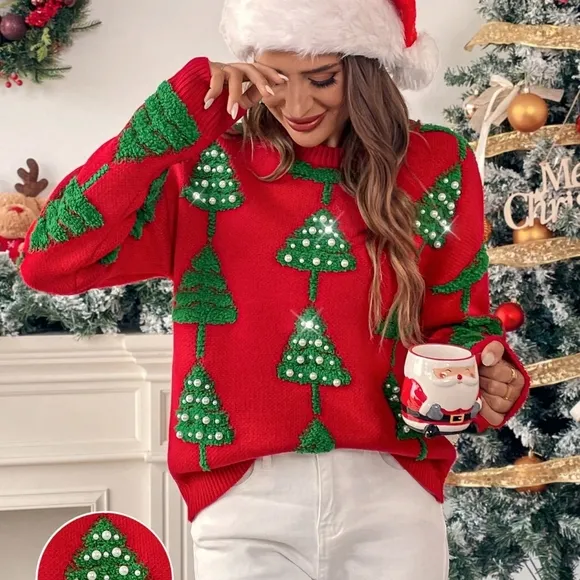 Women's Casual Round Neck Drop Shoulder Long Sleeve Christmas Tree Pattern