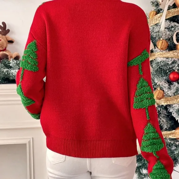 Women's Casual Round Neck Drop Shoulder Long Sleeve Christmas Tree Pattern