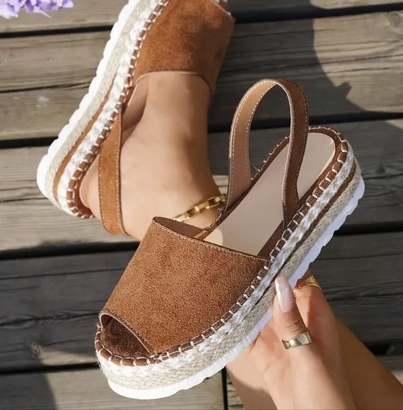 Women's Chunky Heel Platform Sandals, Peep Toe Slingback Brown Hollow Out Mules