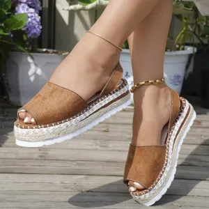 Women's Chunky Heel Platform Sandals, Peep Toe Slingback Brown Hollow Out Mules
