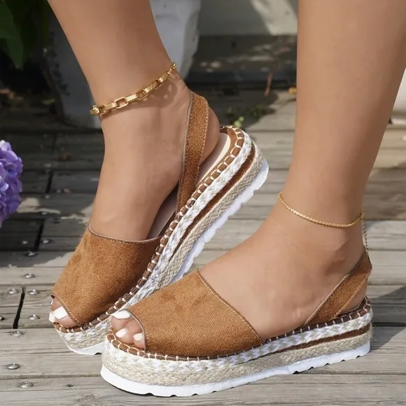 Women's Chunky Heel Platform Sandals, Peep Toe Slingback Brown Hollow Out Mules