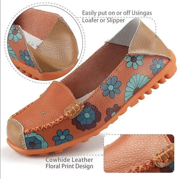 Womens Comfortable Leather Floral Print Shoes