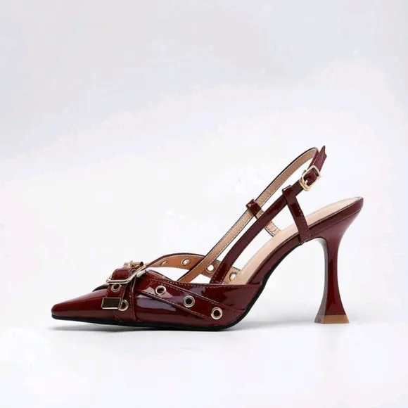 Women's Fashionable Burgundy Patent Leather High Heel Pointed Toe Shoes