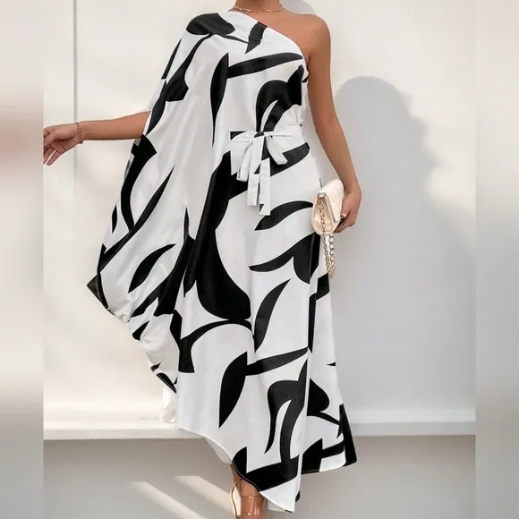 Women's Full-Print Asymmetric Neckline Dress