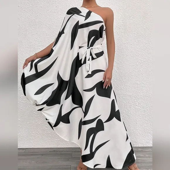Women's Full-Print Asymmetric Neckline Dress