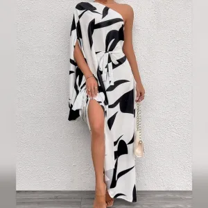 Women's Full-Print Asymmetric Neckline Dress