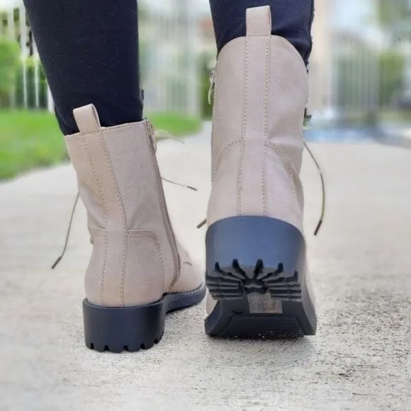 Women's Gray Lace Up Ankle Mid-Calf Combat Boots