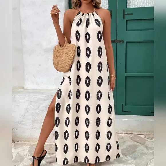 Women's Halterneck Tassel Rope Tie High Slit Backless Casual Holiday Dress