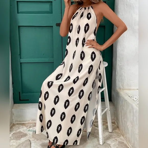 Women's Halterneck Tassel Rope Tie High Slit Backless Casual Holiday Dress