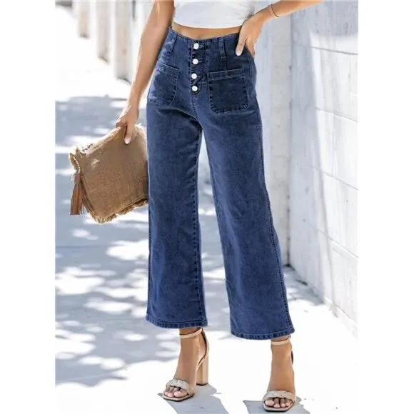 Women's High Waisted Stretchy Wide Leg Jeans Straight Leg Loose Denim Pants