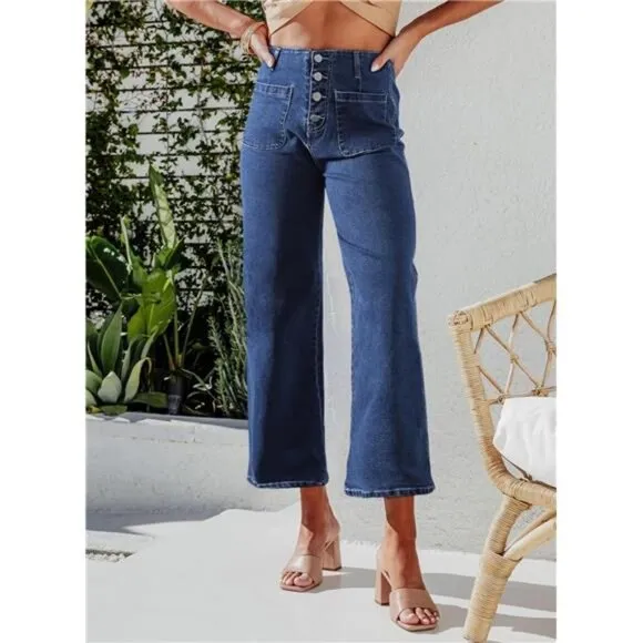 Women's High Waisted Stretchy Wide Leg Jeans Straight Leg Loose Denim Pants