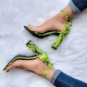 Women's Neon Snakeskin Ankle Strap Chunky Heel