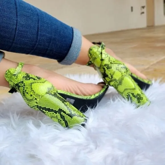 Women's Neon Snakeskin Ankle Strap Chunky Heel
