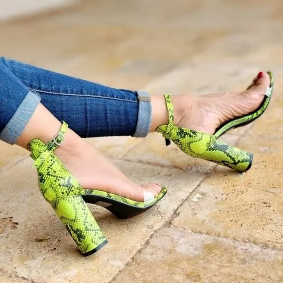 Women's Neon Snakeskin Ankle Strap Chunky Heel