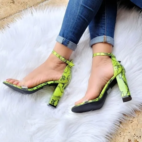 Women's Neon Snakeskin Ankle Strap Chunky Heel