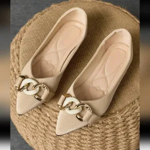 Women's New Metal Buckle Flat Pointed Toe Slip-On Flats, Versatile Fashion Soft
