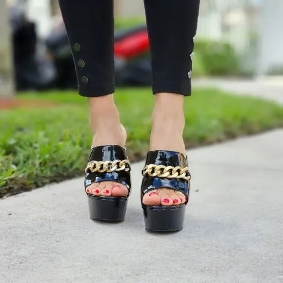 Women's Platform Heeled Mule Open Loafers Black Color Patent