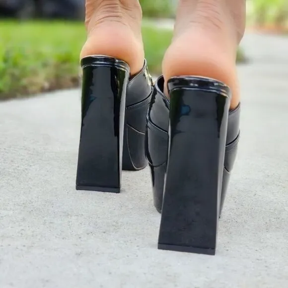 Women's Platform Heeled Mule Open Loafers Black Color Patent