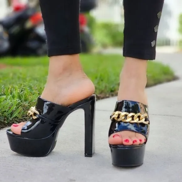 Women's Platform Heeled Mule Open Loafers Black Color Patent