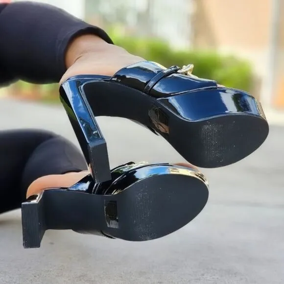 Women's Platform Heeled Mule Open Loafers Black Color Patent