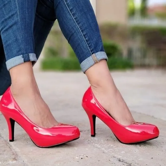 Women's Red PAT Low Heel Pumps Shoes