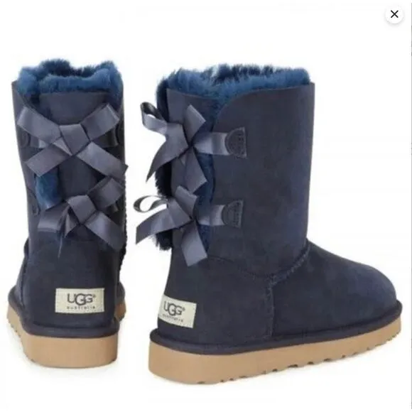 Women’s Size 9 UGG Bailey Bow Tall Boots Navy Blue Sheepskin Fur Lined New