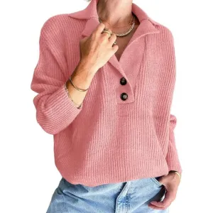 Women's Snap-Buttons Foldover Collar Henley Knitted Pullover Sweater Tops