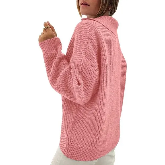 Women's Snap-Buttons Foldover Collar Henley Knitted Pullover Sweater Tops