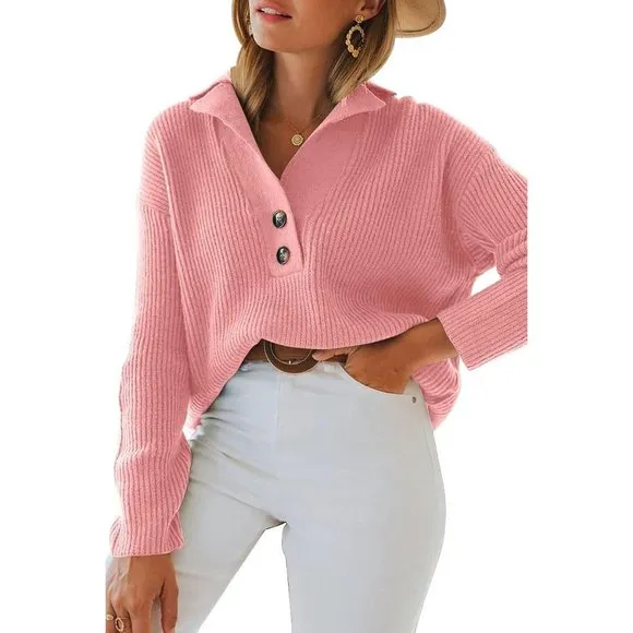 Women's Snap-Buttons Foldover Collar Henley Knitted Pullover Sweater Tops