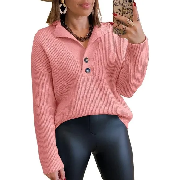 Women's Snap-Buttons Foldover Collar Henley Knitted Pullover Sweater Tops