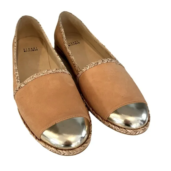 Women's Stuart Weitzman Tan Suede Espadrilles with Wicker Trim and Gold Toe 10.5
