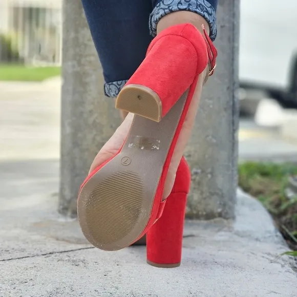 Women's Suede Ankle Strap Block Heel Dress Sandals Red Color