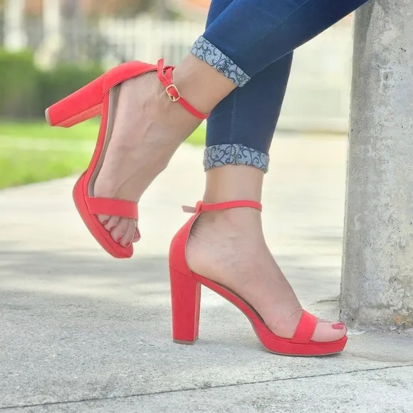 Women's Suede Ankle Strap Block Heel Dress Sandals Red Color