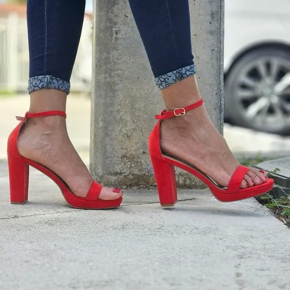 Women's Suede Ankle Strap Block Heel Dress Sandals Red Color