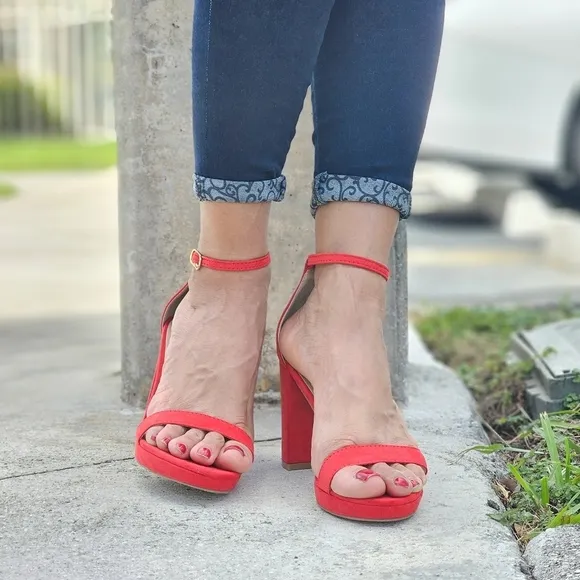 Women's Suede Ankle Strap Block Heel Dress Sandals Red Color