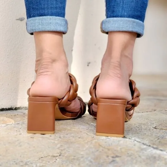Women's Tan Double Braided Square Toe Mule Low Heel Sandal