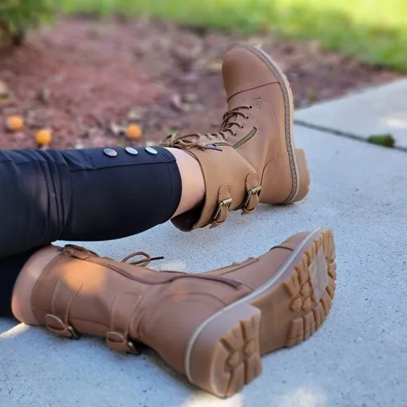 Women's Tan Lace up and Ankle Mid Calf Combat Boots
