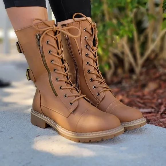 Women's Tan Lace up and Ankle Mid Calf Combat Boots
