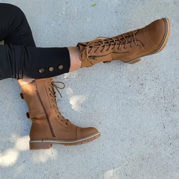 Women's Tan Lace up and Ankle Mid Calf Combat Boots