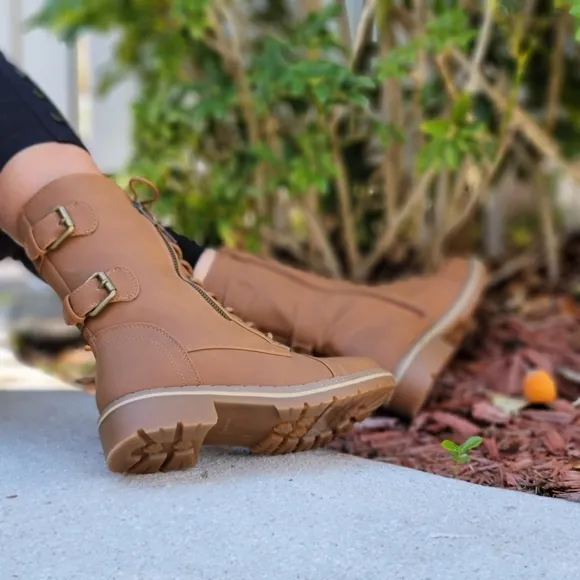 Women's Tan Lace up and Ankle Mid Calf Combat Boots