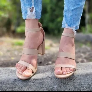 Womens Triple Straps Low Chunky Heels Sandals Nude Color‎