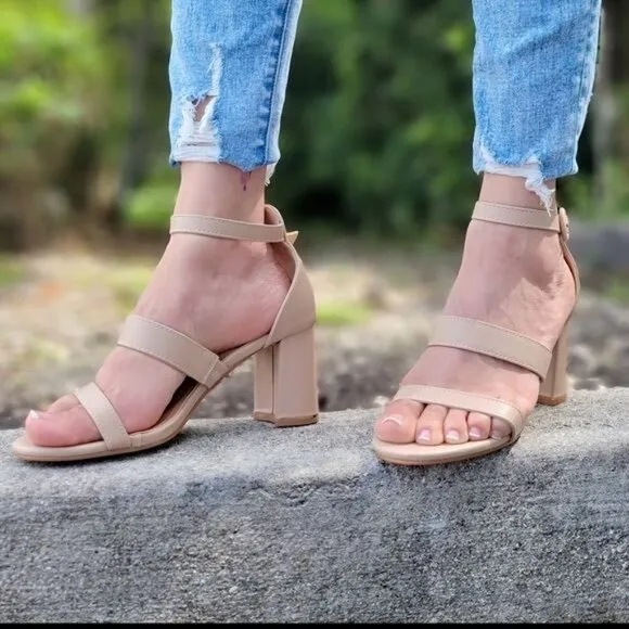 Womens Triple Straps Low Chunky Heels Sandals Nude Color‎