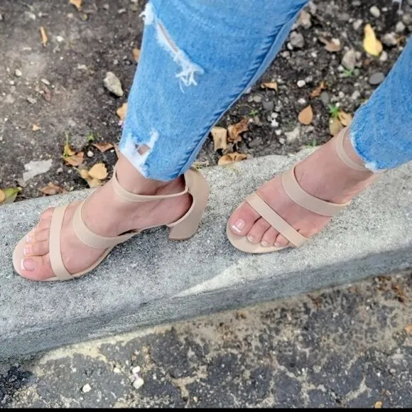 Womens Triple Straps Low Chunky Heels Sandals Nude Color‎