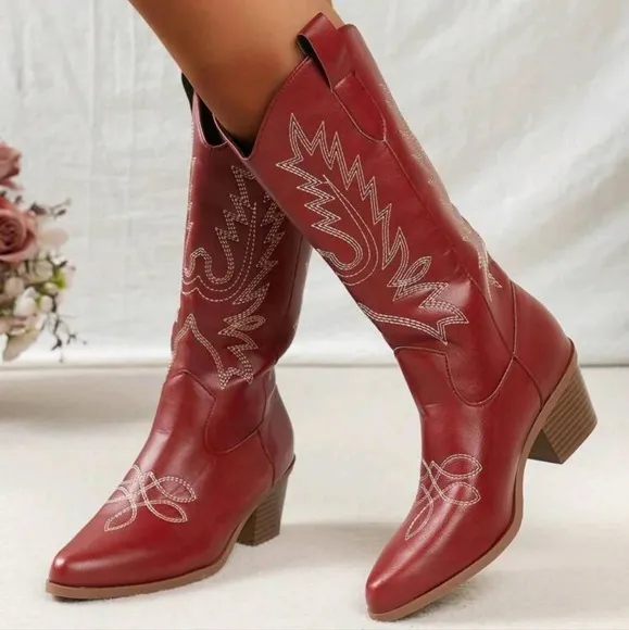 Women's Western Embroidered Vintage  Boots With Block Heel, Mid Calf, V-Cut