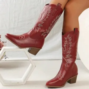 Women's Western Embroidered Vintage  Boots With Block Heel, Mid Calf, V-Cut