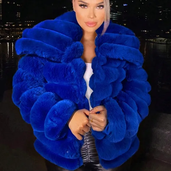 Women's Winter Solid Color Lapel Long Sleeve Open Front Faux Fur Coat