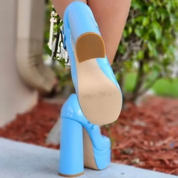 Women's Double Strap Patent Platform Pumps Blue Color