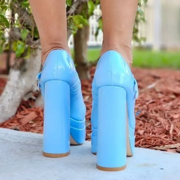 Women's Double Strap Patent Platform Pumps Blue Color