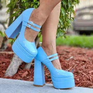 Women's Double Strap Patent Platform Pumps Blue Color