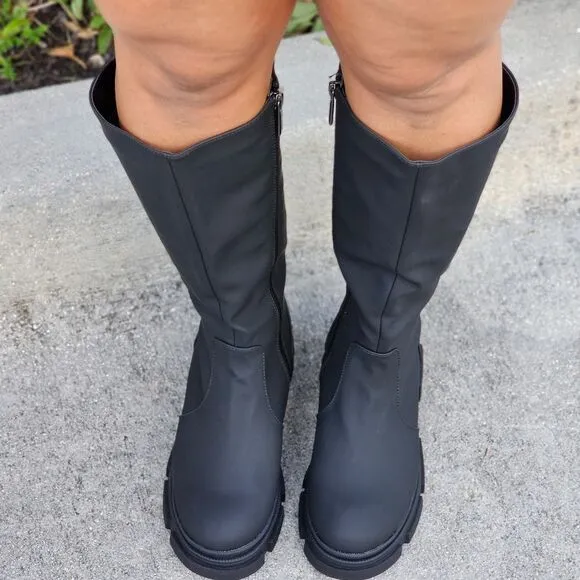 Women's Mid Calf Boots Round Toe Black Color